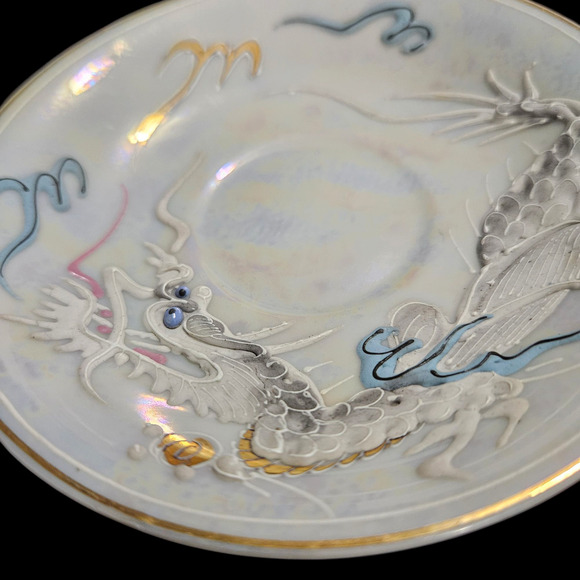 Vintage Japanese Moriage Dragon Cup Saucer Lusterware Raised Enamel Hand Painted - Picture 3 of 9